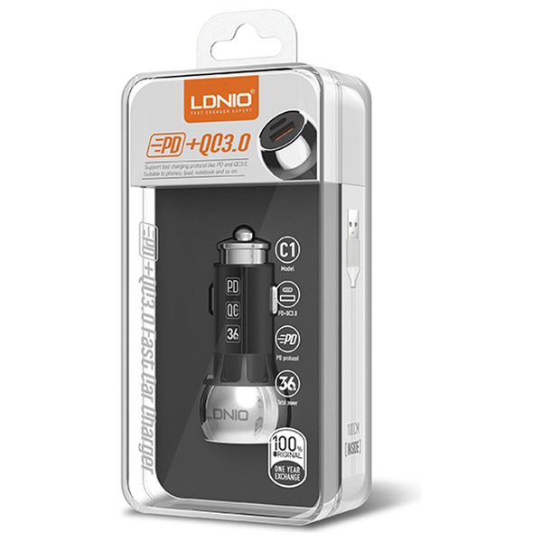 Ldnio C1 38W PD + QC3.0 Fast Car Charger With Lightning Cable